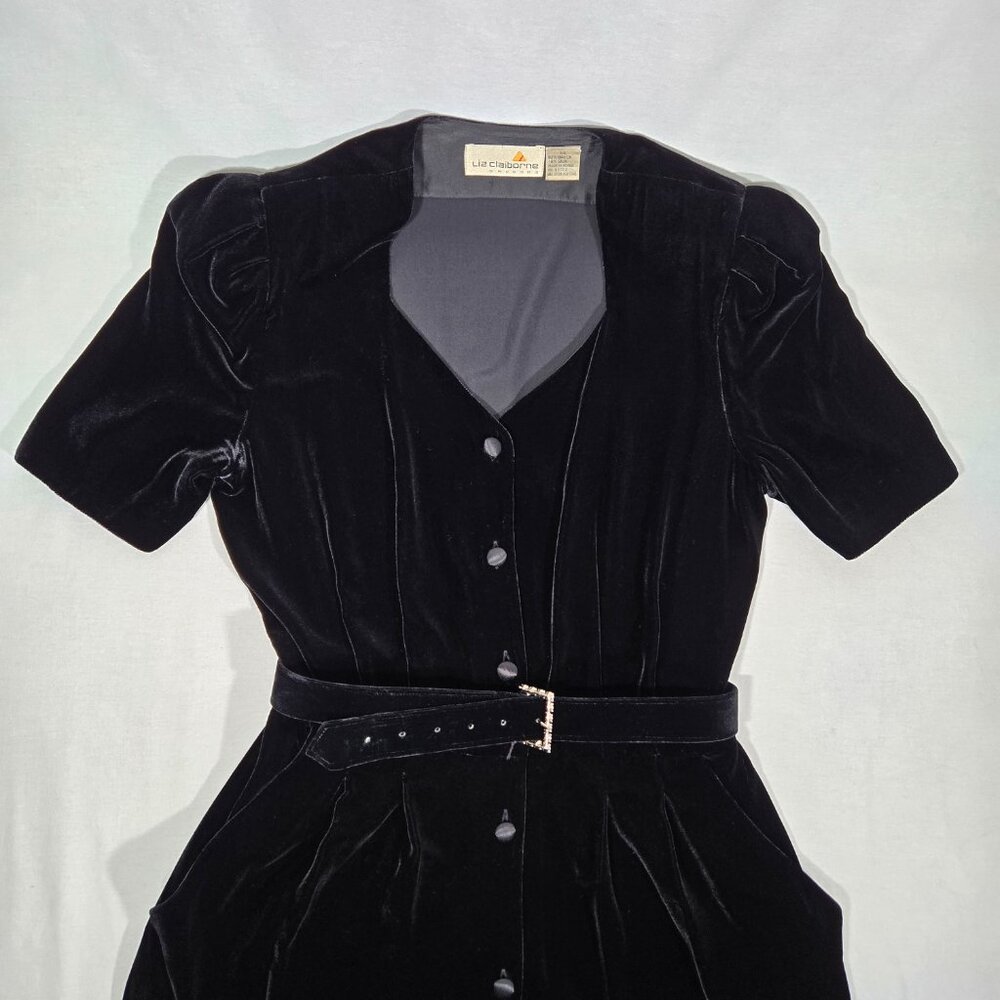 VINTAGE Academia Y2K Sirencore BLACK VELVET Pocket Belt Midi Dress Women Size 10 - Picture 9 of 16